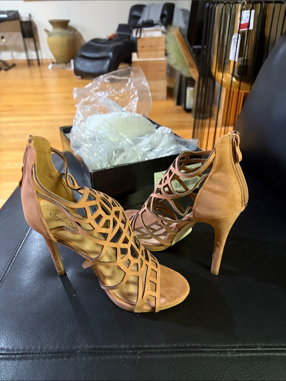 Shoe Dazzle Suede Cutout Heeled Sandals in Tan